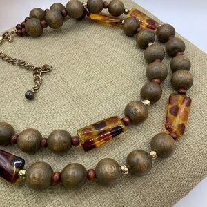 Chico's Tortoiseshell Resin Beads Green Wooded Beads Gold Tone Collar Necklace